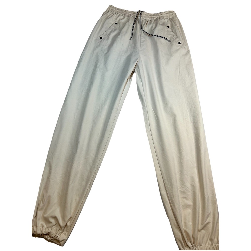 Y2K Jamie Sadock Sporty Cream Pants Drawstring Waist Snap Pockets Large‎